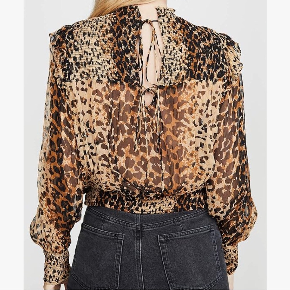 Free People Roma Smocked Animal Print Blouse | Leopard Combo / Brown | Size S - Picture 2 of 7